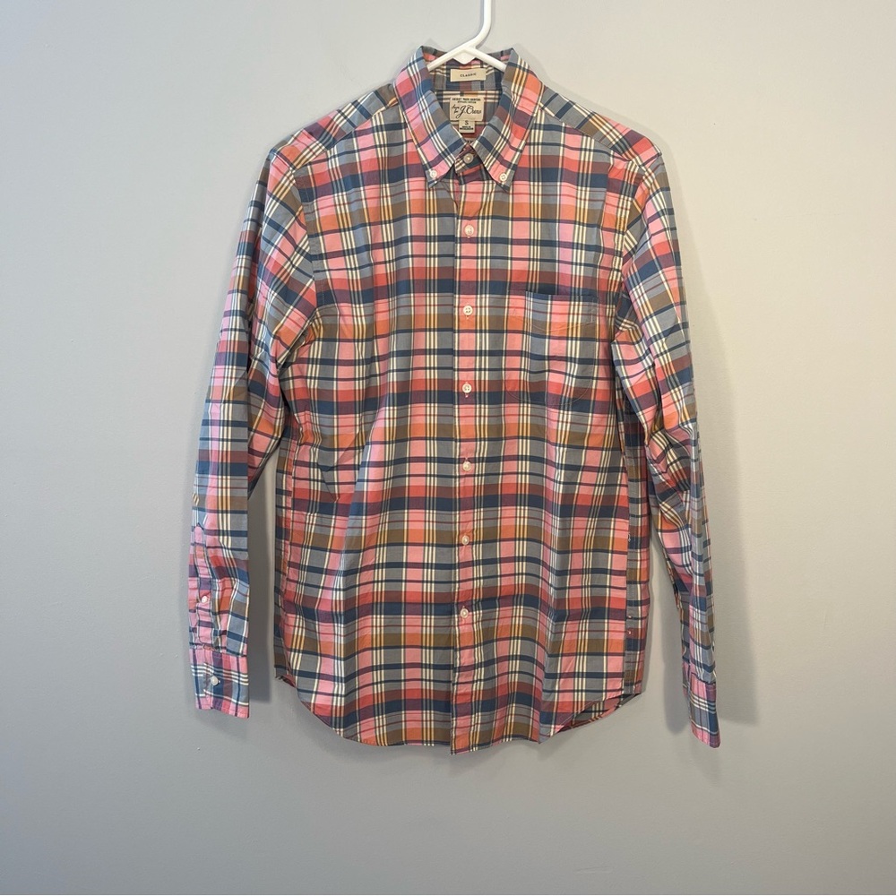 Jcrew Shirt Mens Small Pink Blue Plaid Organic Cotton Button Up Classic Preppy